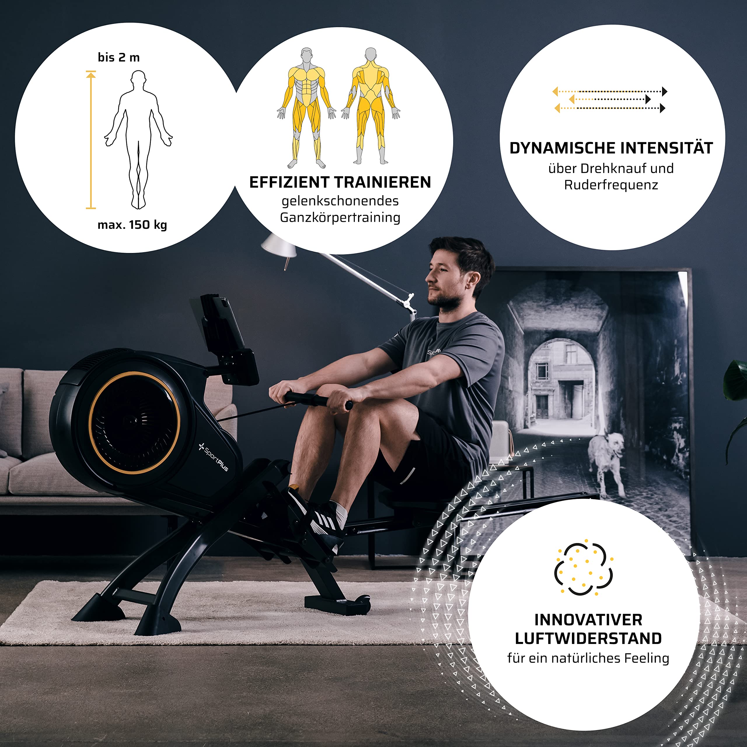 SportPlus | Rudergerät für zuhause mit Luftwiderstand (8 Stufen), App-Kompatiblität, leise & flüssig trainieren, Sicherheit geprüft bis 150 kg
