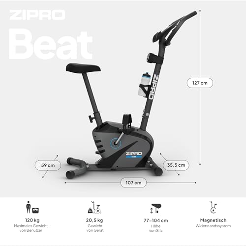 Zipro Heimtrainer Fahrrad Beat, Ergometer Fitnessbikes, Magnetisches Fahrradtrainer, Ergometer Fahrrad bis 120kg, Indoor Bike, Trainingsfahrrad für zuhause, Fahrradergometer Batteriebetrieben