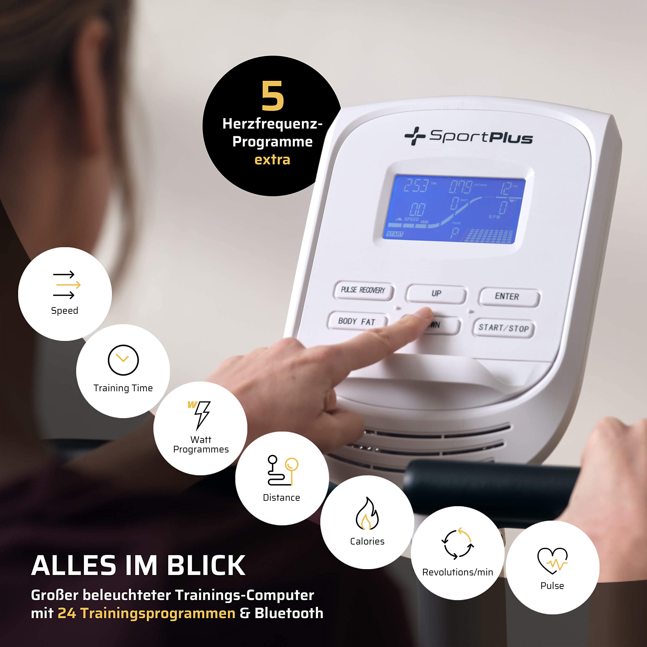 SportPlus Heimtrainer mit Magnetbremse 24 Widerstandsstufen, gelenk- und rückenschonend, extra weicher Sitz, bis 200 Watt, Fitnessgerät für Senioren