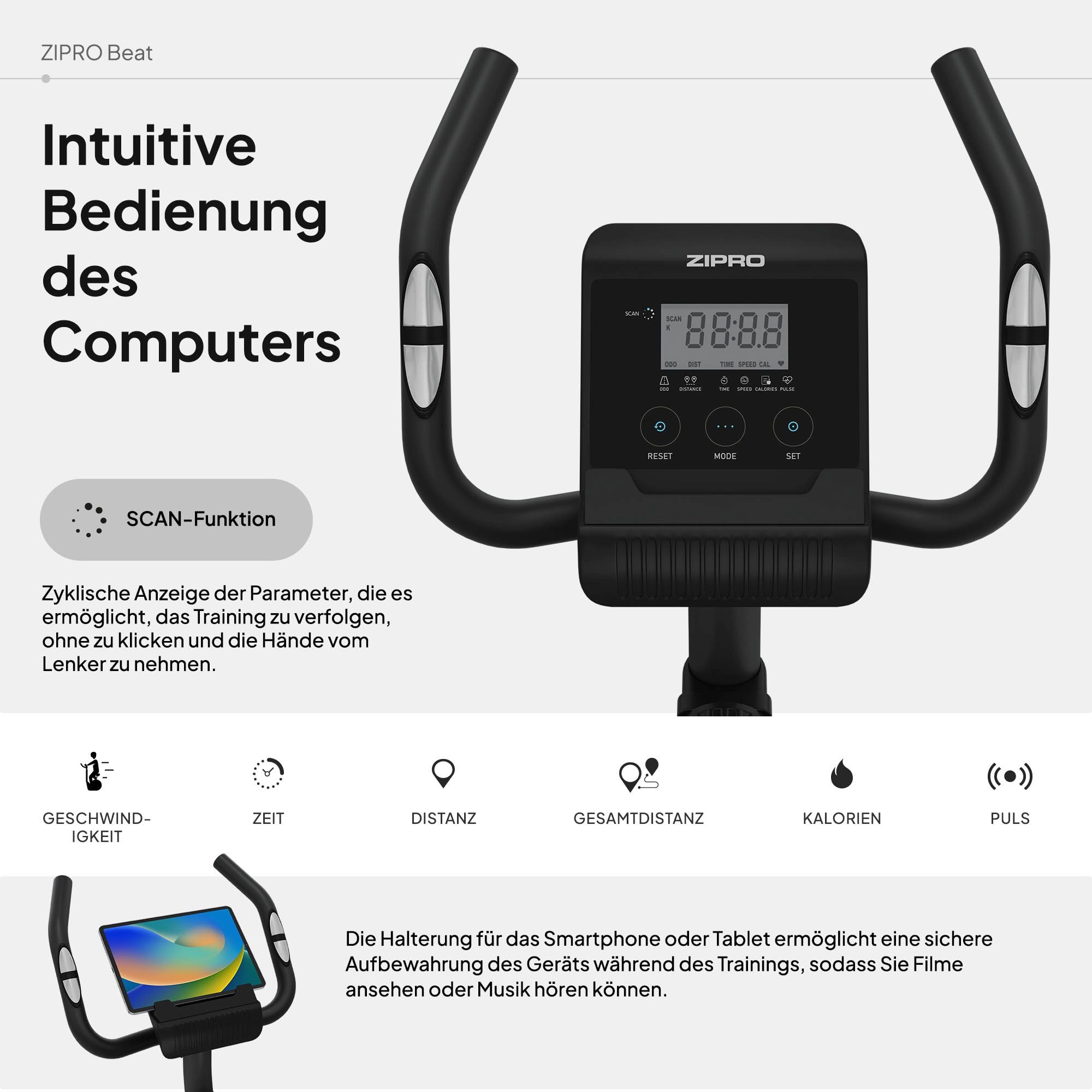 Zipro Heimtrainer Fahrrad Beat, Ergometer Fitnessbikes, Magnetisches Fahrradtrainer, Ergometer Fahrrad bis 120kg, Indoor Bike, Trainingsfahrrad für zuhause, Fahrradergometer Batteriebetrieben
