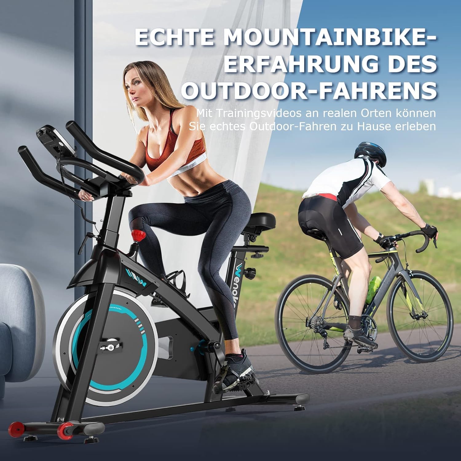 Wenoker Heimtrainer Fahrrad, Indoor Cycling Bike mit LCD-Monitor, Heimtrainer mit Pad-Halterung, Stationäres Fitnessbike für Zuhause Kardio Training, Bis 140KG