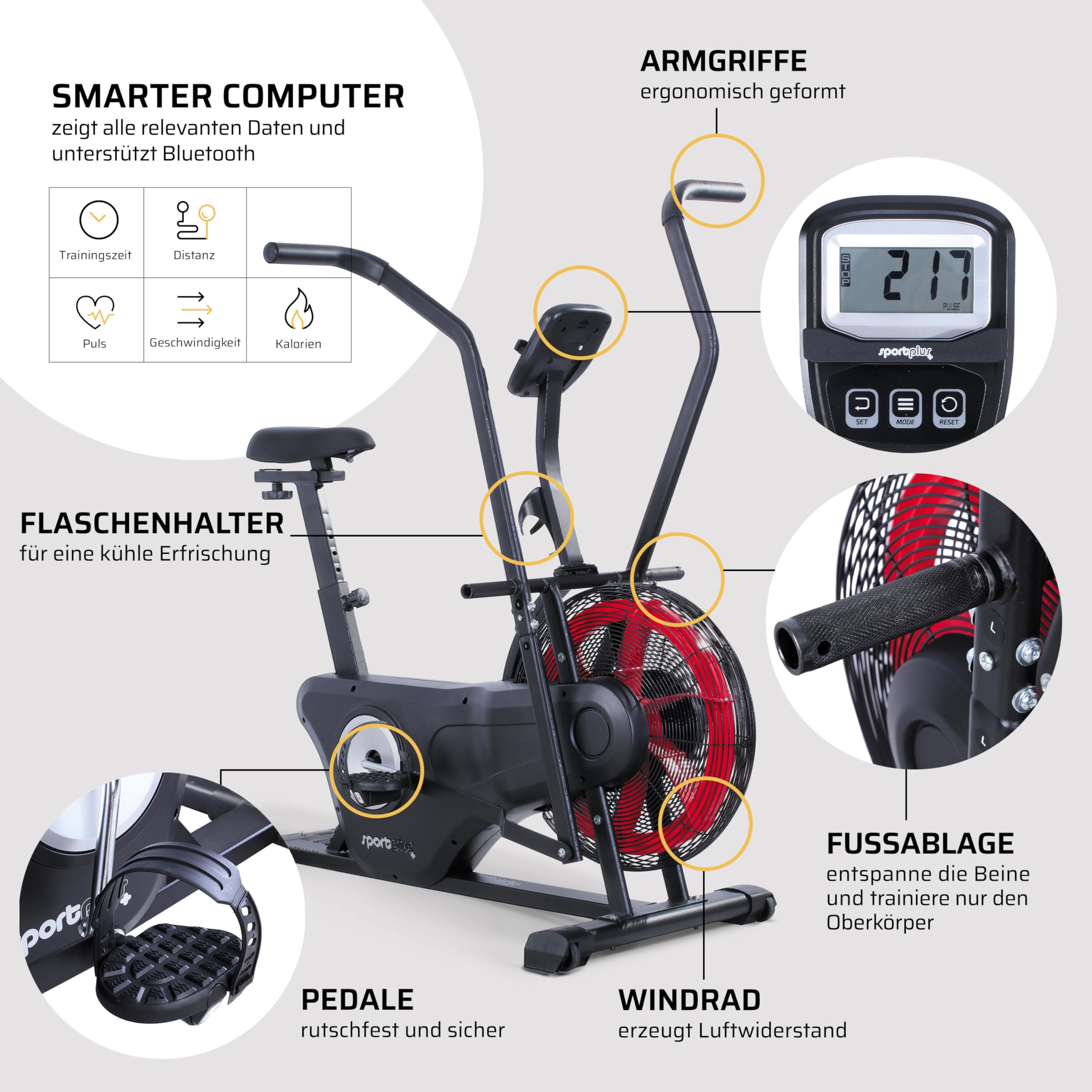 SportPlus Air Bike Indoor Heimtrainer Fahrrad für Fitness | Crosstrainer für Zuhause | Hometrainer mit Doppel Riemenantriebrieb Computer | Fanbike…
