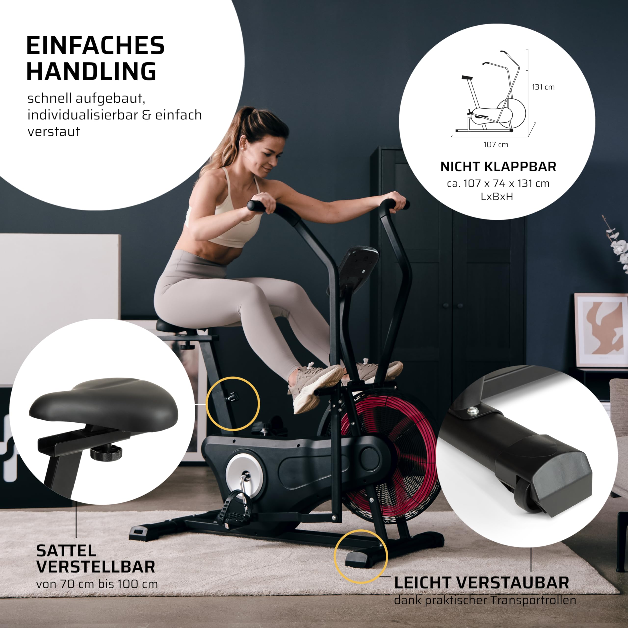 SportPlus Air Bike Indoor Heimtrainer Fahrrad für Fitness | Crosstrainer für Zuhause | Hometrainer mit Doppel Riemenantriebrieb Computer | Fanbike…