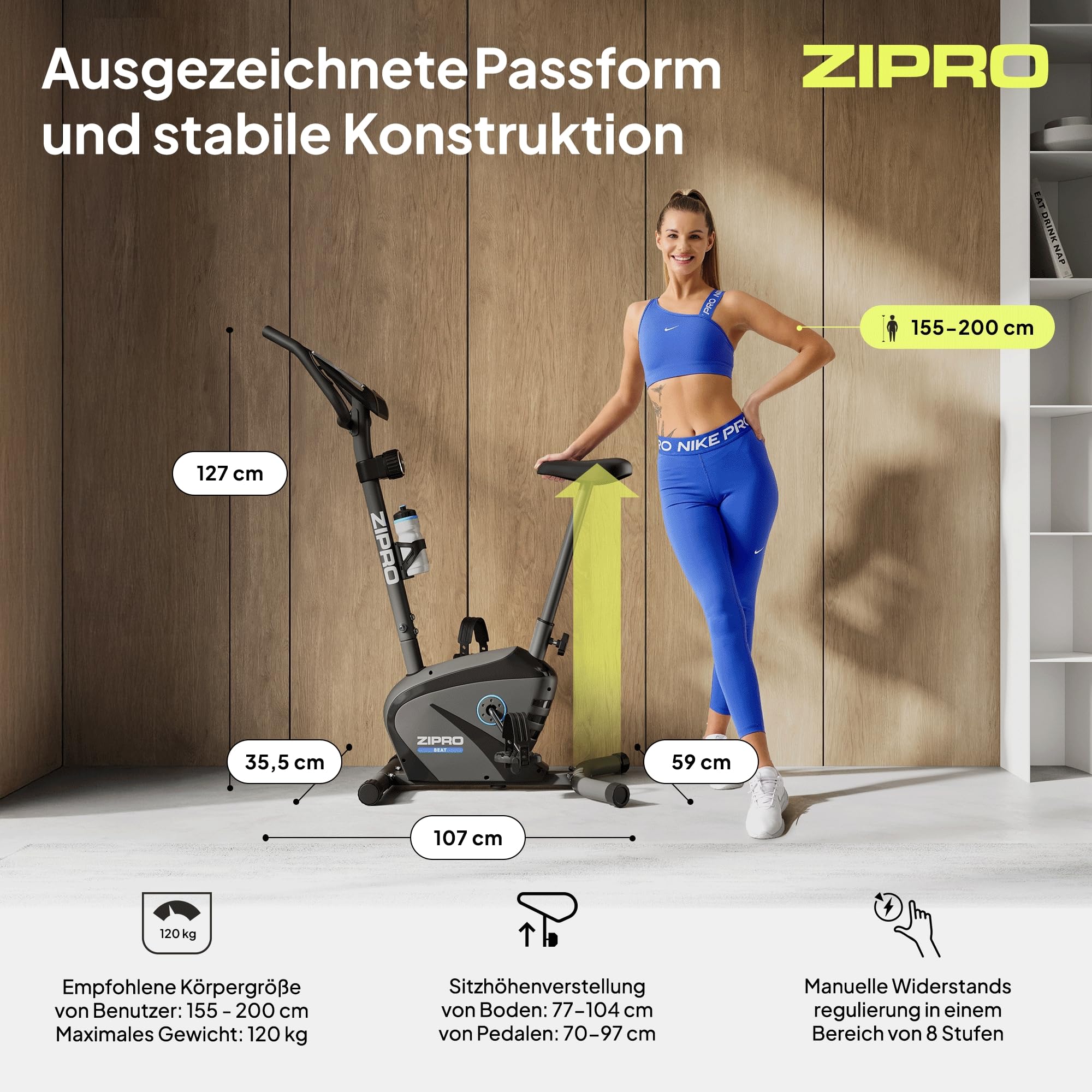 Zipro Heimtrainer Fahrrad Beat, Ergometer Fitnessbikes, Magnetisches Fahrradtrainer, Ergometer Fahrrad bis 120kg, Indoor Bike, Trainingsfahrrad für zuhause, Fahrradergometer Batteriebetrieben