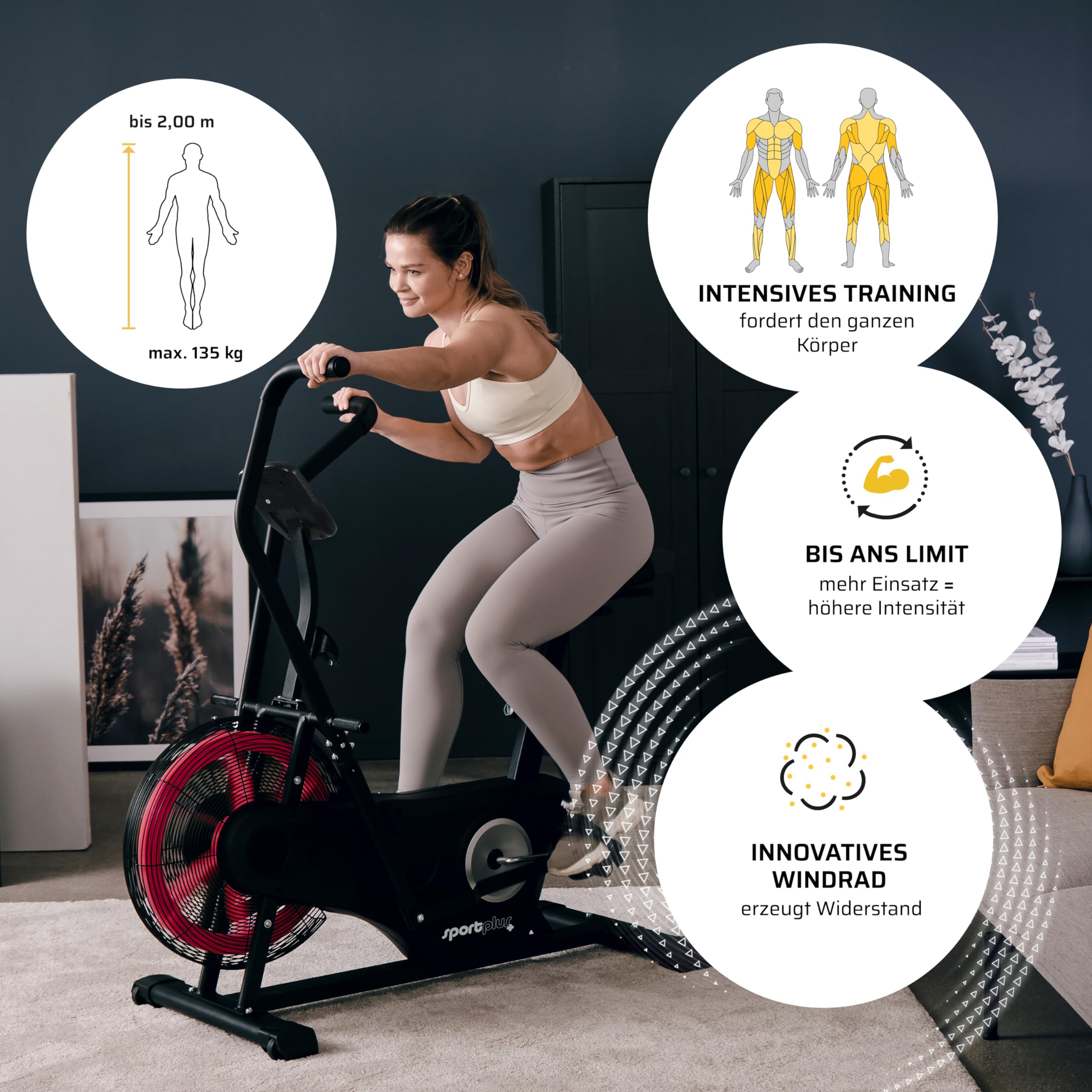 SportPlus Air Bike Indoor Heimtrainer Fahrrad für Fitness | Crosstrainer für Zuhause | Hometrainer mit Doppel Riemenantriebrieb Computer | Fanbike…