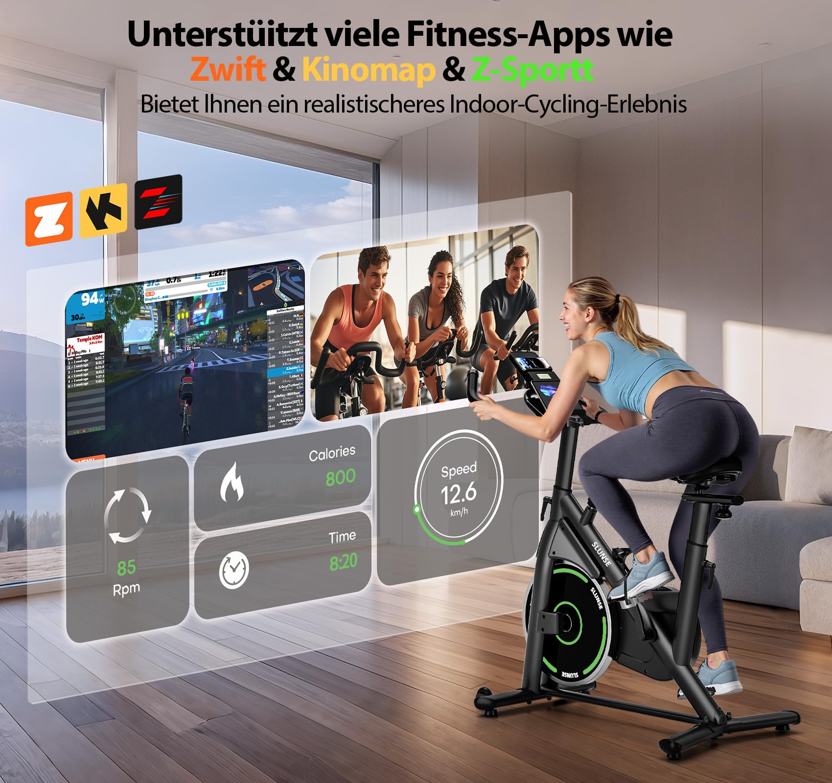 Heimtrainer Fahrrad mit APP, SLUNSE Hometrainer Ergometer mit LCD-Monitor, Leises Magnetisch Spinning Bike Indoor mit Verstellbarem Widerstand, Fitnessbike bis 180KG für Kardio-Training zu Hause