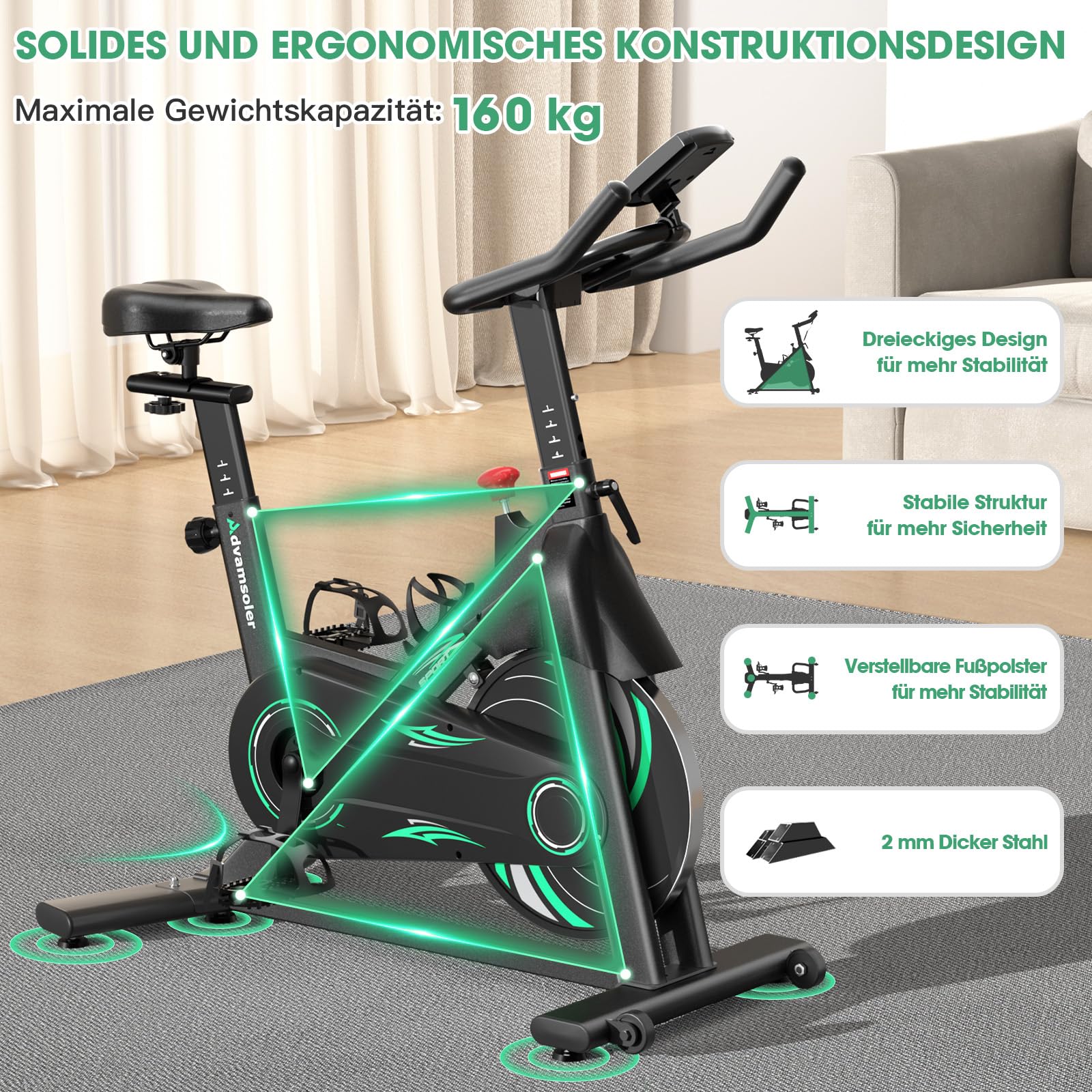 Advamsoler Neu Heimtrainer Fahrrad mit Magnetischem Widerstand, Leises Fitness Fahrrad für Zuhause, Indoor Kardio Training Spinning Bike Fitnessbikes mit LCD Display & Tablet-Halter, Bis 160KG
