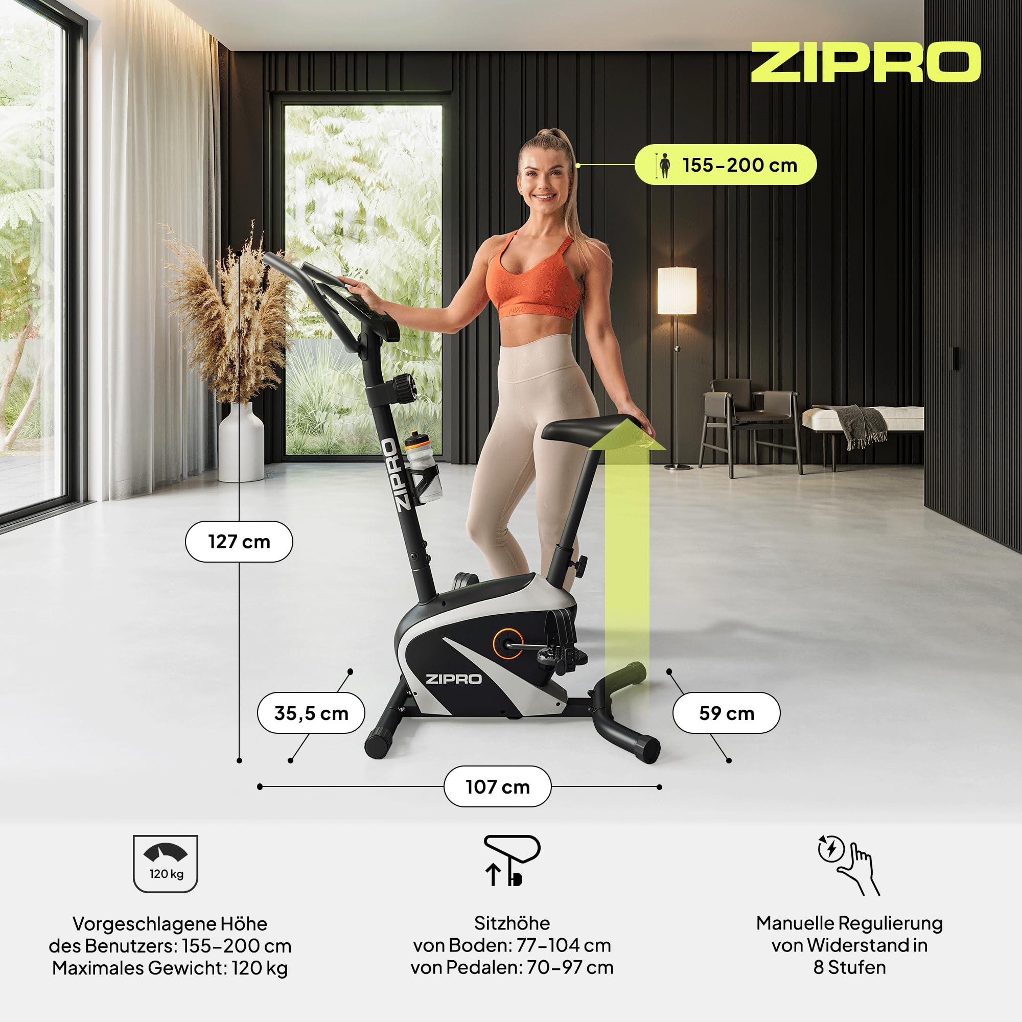 Zipro Heimtrainer Fahrrad Beat RS, Ergometer Fitnessbikes, Magnetisches Fahrradtrainer, Ergometer Fahrrad bis 120kg, Indoor Bike, Trainingsfahrrad für zuhause, Fahrradergometer Batteriebetrieben