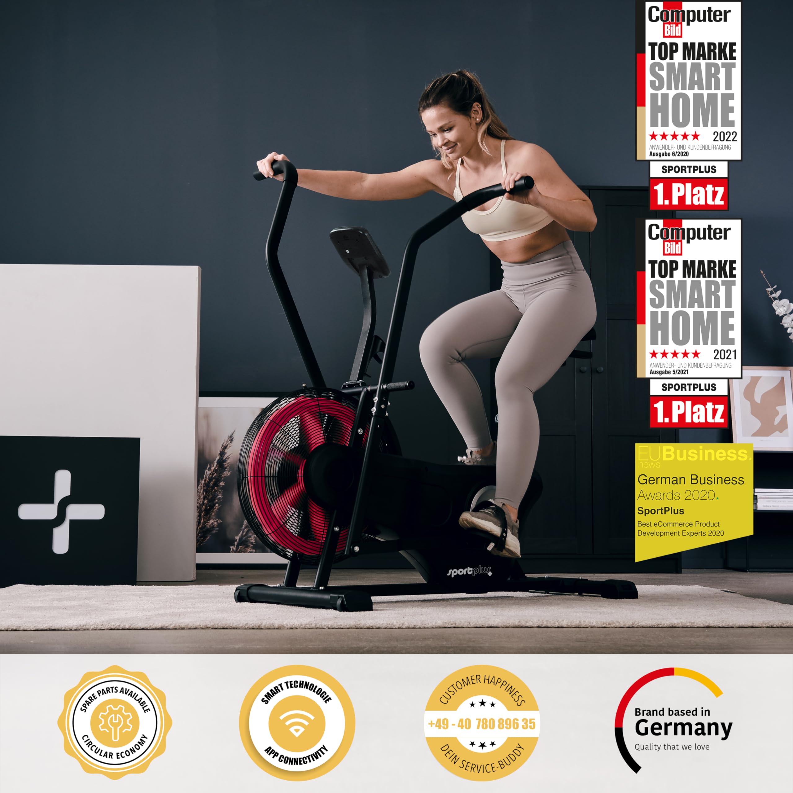 SportPlus Air Bike Indoor Heimtrainer Fahrrad für Fitness | Crosstrainer für Zuhause | Hometrainer mit Doppel Riemenantriebrieb Computer | Fanbike…