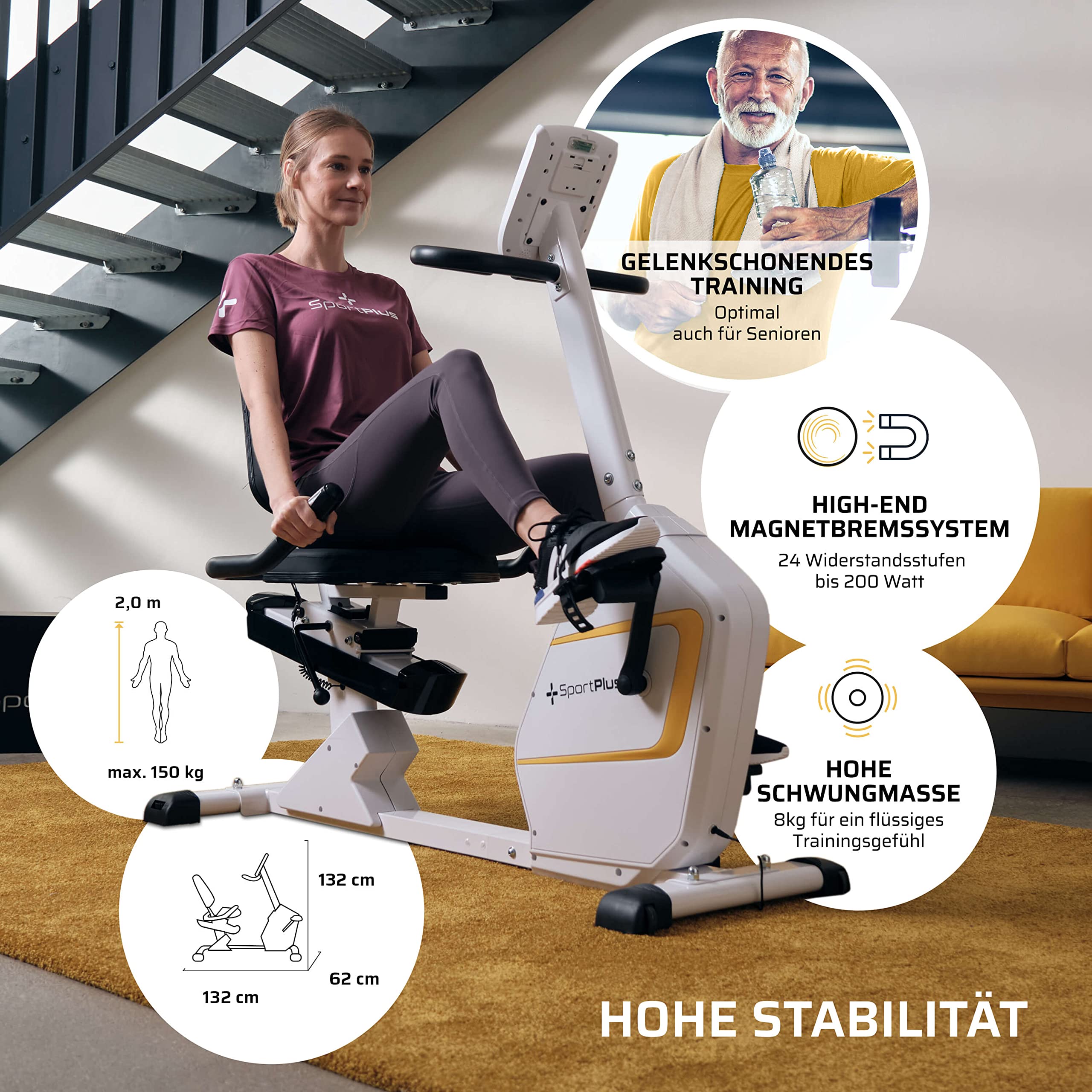 SportPlus Heimtrainer mit Magnetbremse 24 Widerstandsstufen, gelenk- und rückenschonend, extra weicher Sitz, bis 200 Watt, Fitnessgerät für Senioren