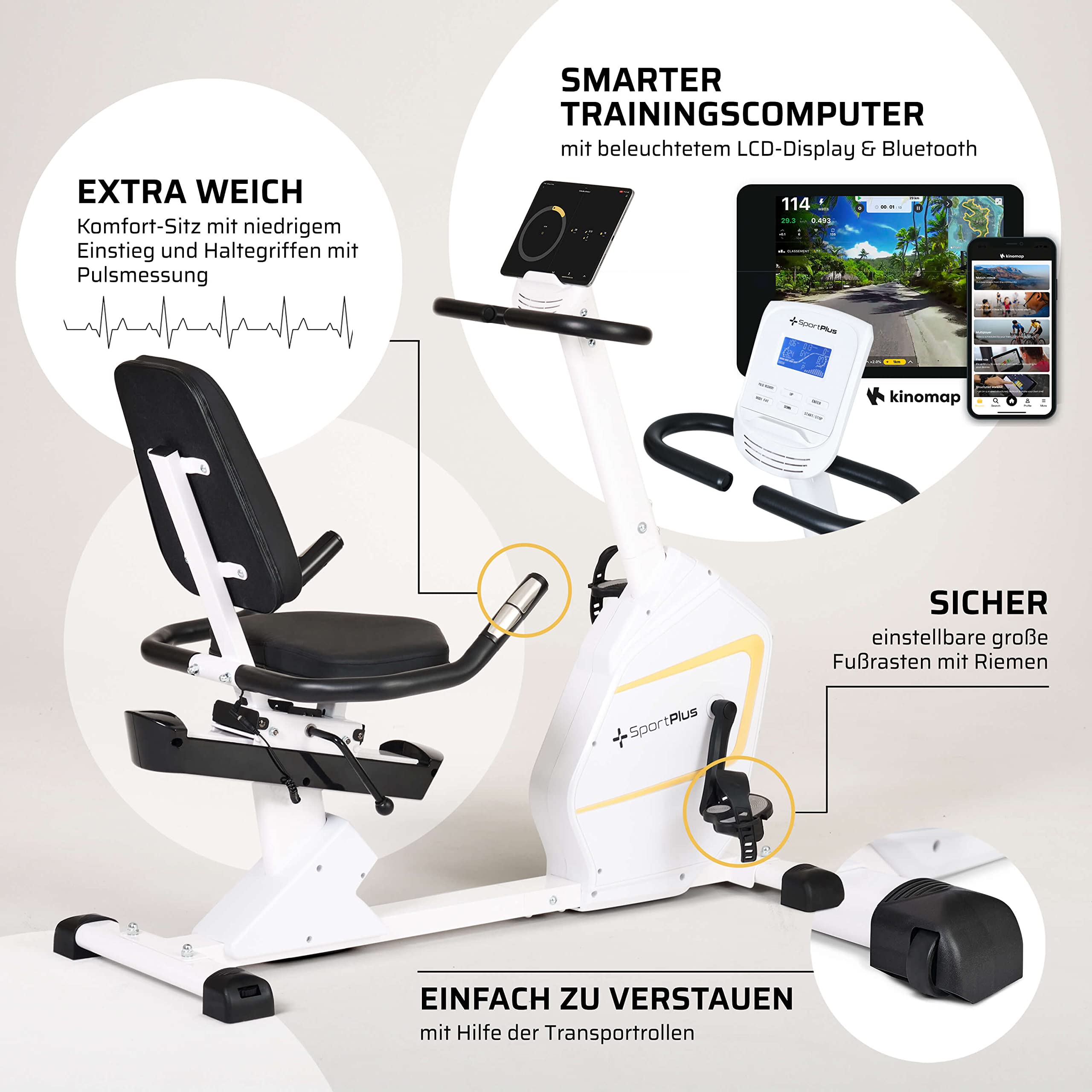 SportPlus Heimtrainer mit Magnetbremse 24 Widerstandsstufen, gelenk- und rückenschonend, extra weicher Sitz, bis 200 Watt, Fitnessgerät für Senioren