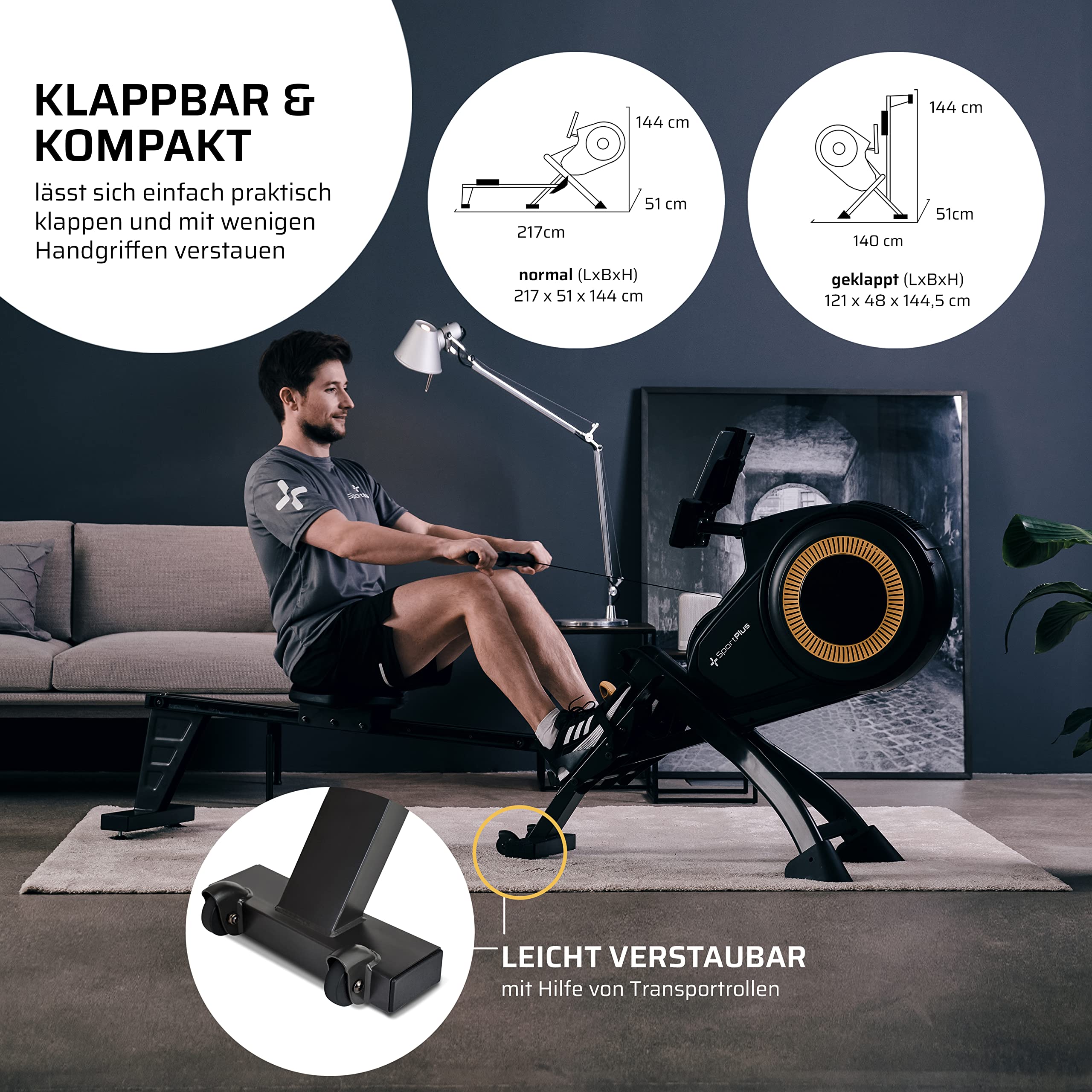 SportPlus | Rudergerät für zuhause mit Luftwiderstand (8 Stufen), App-Kompatiblität, leise & flüssig trainieren, Sicherheit geprüft bis 150 kg